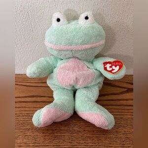 Vintage TY Pluffies Mint Green and Pink Frog Grins Plush Toy Tylux 2002 TAG